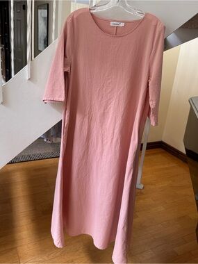 Anysize Dusty Pink Linen Blend Lagenlook Maxi Dress Oversized Boho 3/4 Sleeve